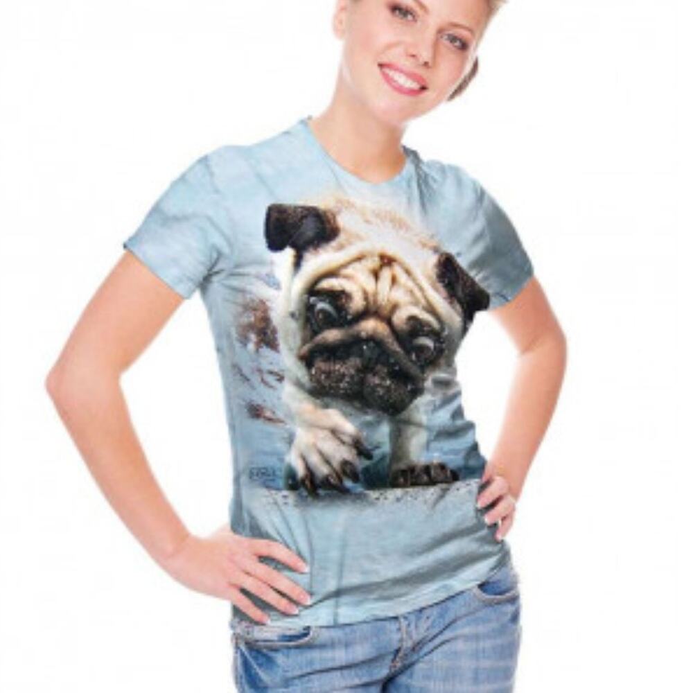 The Mountain Underwater Dogs Pug Tee Womens Large Blue Tie Dye Graphic Knit Top